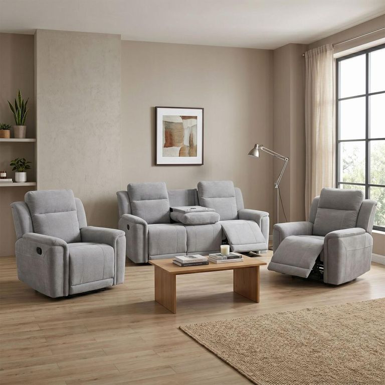Somerton Recliner Sofa - 3+1+1 Seater - with Storage Console - Light Grey - Fabric