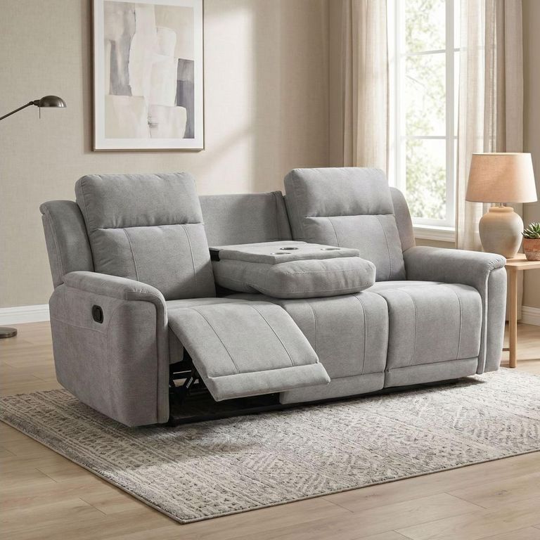 Somerton Recliner Sofa - 3 Seater - with Storage Console - Light Grey - Fabric