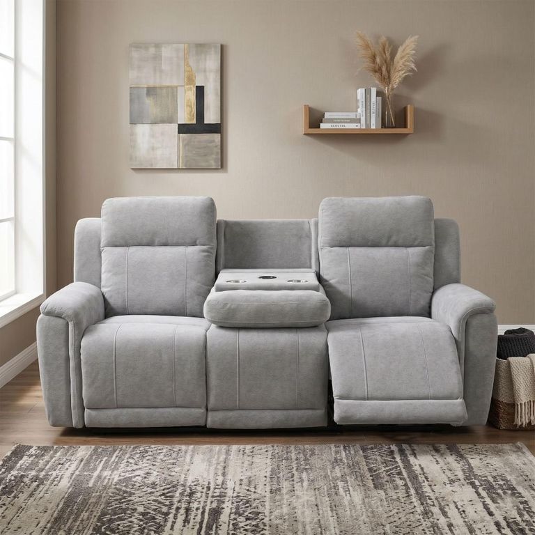 Somerton Recliner Sofa - 3 Seater - with Storage Console - Light Grey - Fabric