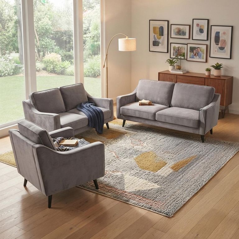 Daffy Sofa Suite - 2.5+2+1 Seater - Stone Grey Velvet - Fabric