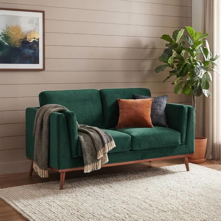 Mickey Sofa - 2 Seater - Emerald Green Velvet and Walnut - Fabric and Wood
