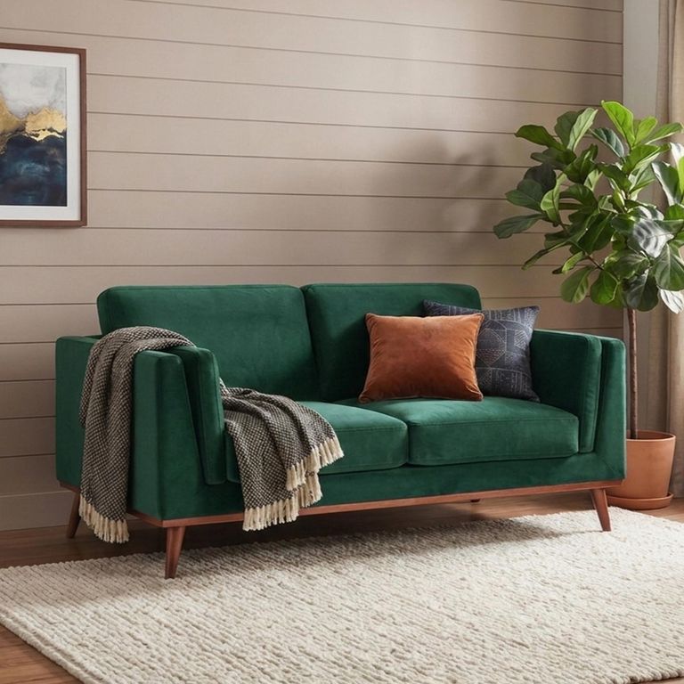 Mickey Sofa - 3 Seater - Emerald Green Velvet and Walnut - Fabric and Wood