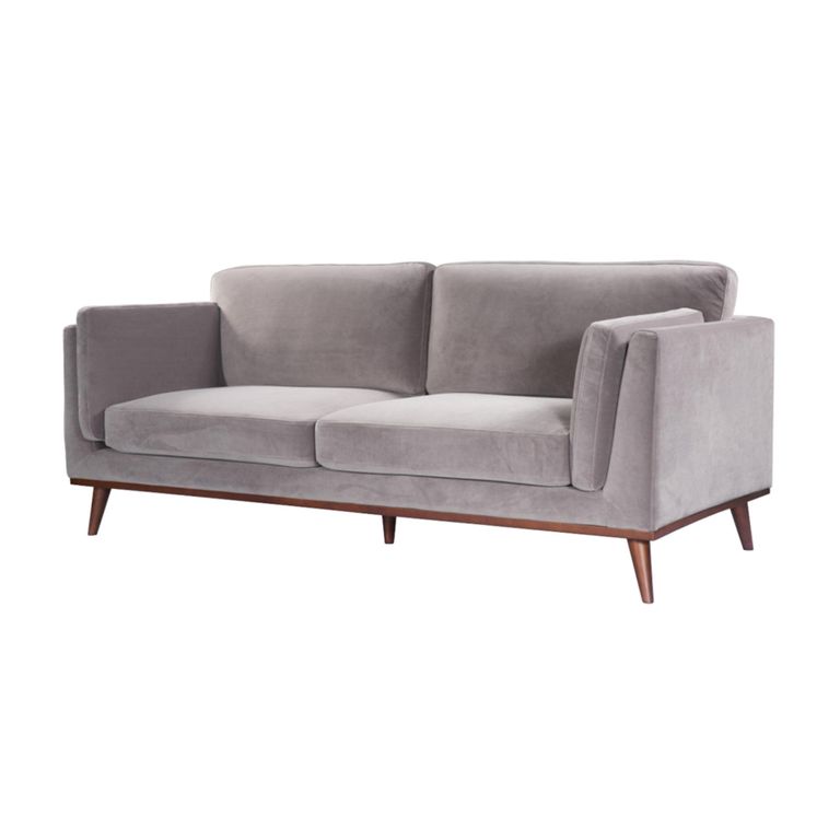 Mickey Sofa - 3 Seater - Stone Grey Velvet and Walnut - Fabric and Wood