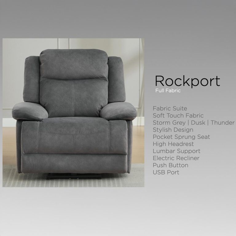 Rockport Electric Recliner Armchair - Storm - Fabric