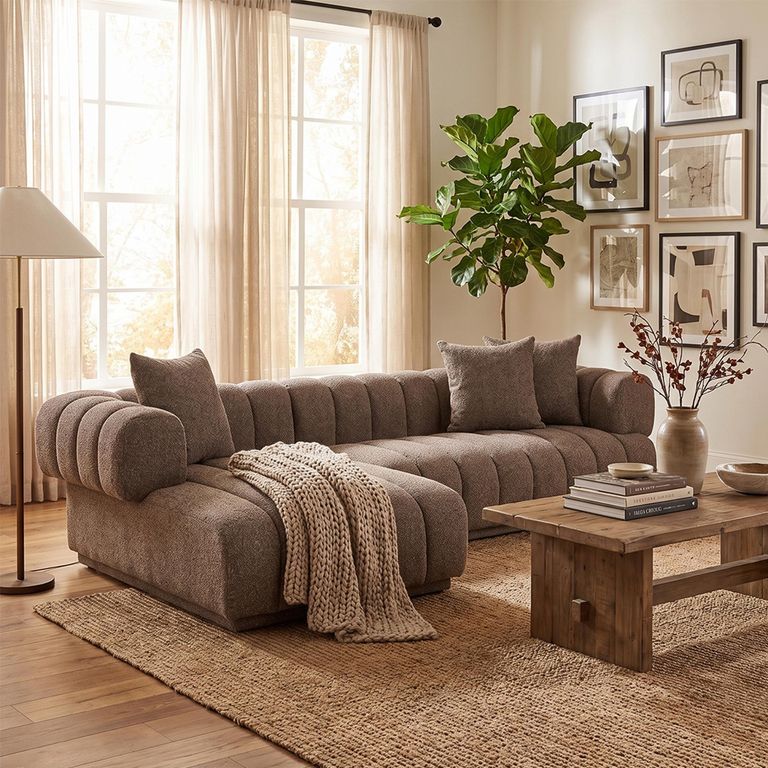 Aurora Corner Lounge Sofa - with Chaise - Channel-Tufted - LHF - Brown - Fabric