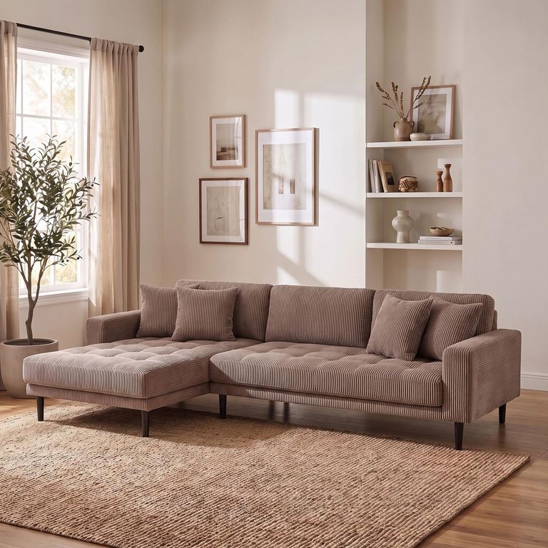 Lido Lounge Sofa - with Chaise - LHF - Corduroy Style - Brown - Fabric