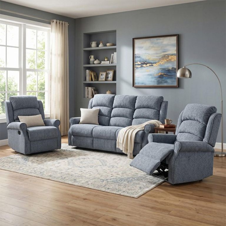Windsor Manual Recliner Sofa - 3+1+1 Seater - Steel Blue - Fabric