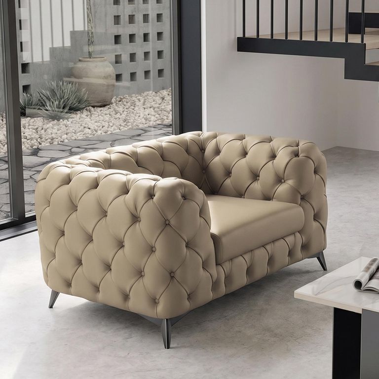 Zenith Italian Curved Armchair - Deep Button Tufted - Leather