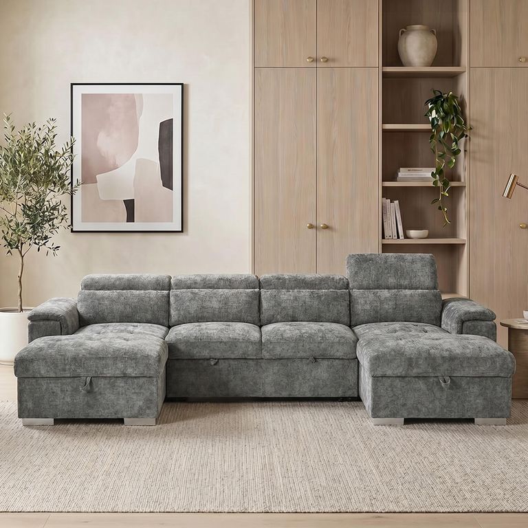 Alaya U Shape Corner Sofa Bed - Grey Fabric - Pull Out