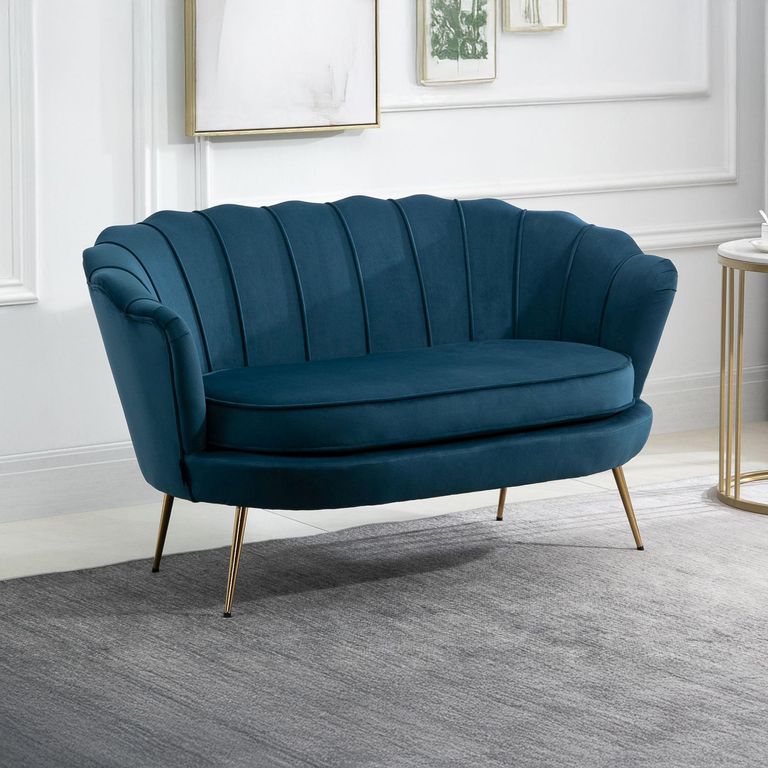 Ariel Sofa with Gold Legs - 2 Seater - Blue Velvet Fabric