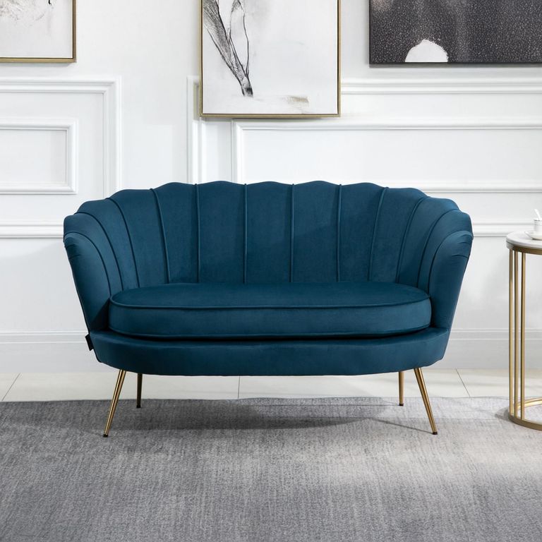 Ariel Sofa with Gold Legs - 2 Seater - Blue Velvet Fabric