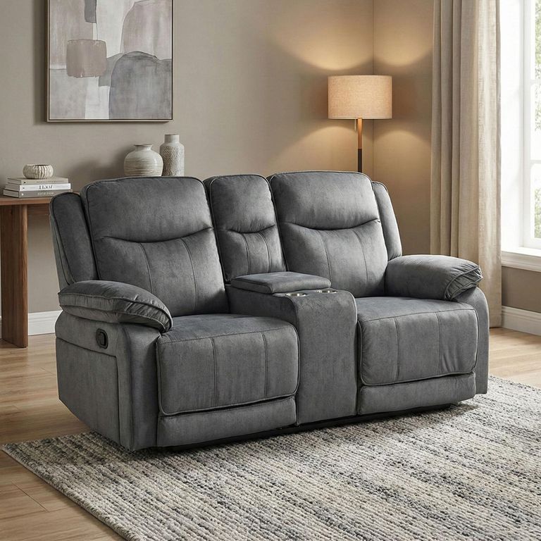 Clayton Recliner Sofa - with Console - 2 Seater - Grey - Fabric