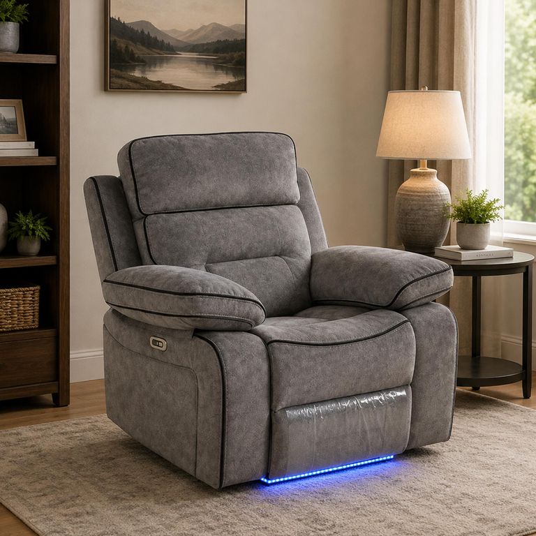 Foster Recliner Armchair - Grey Fabric - LED Lights