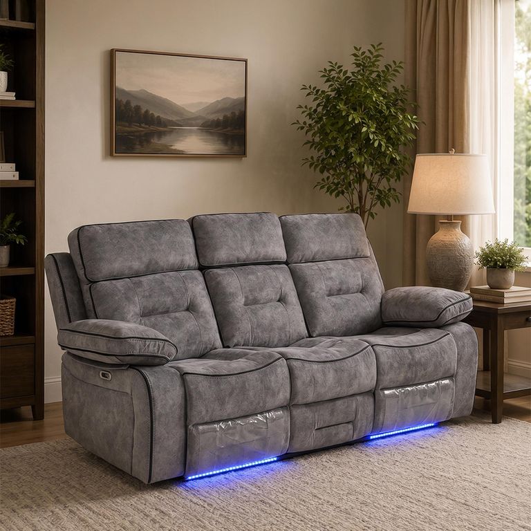 Foster Recliner Sofa - 3 Seater - Grey Fabric - LED Lights - Drop-Down Table & Cup Holders