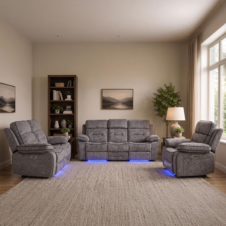 Foster Recliner Sofa Set - 3+2+1 Seater - Grey Fabric - LED Lights - Drop-Down Table & Cup Holders