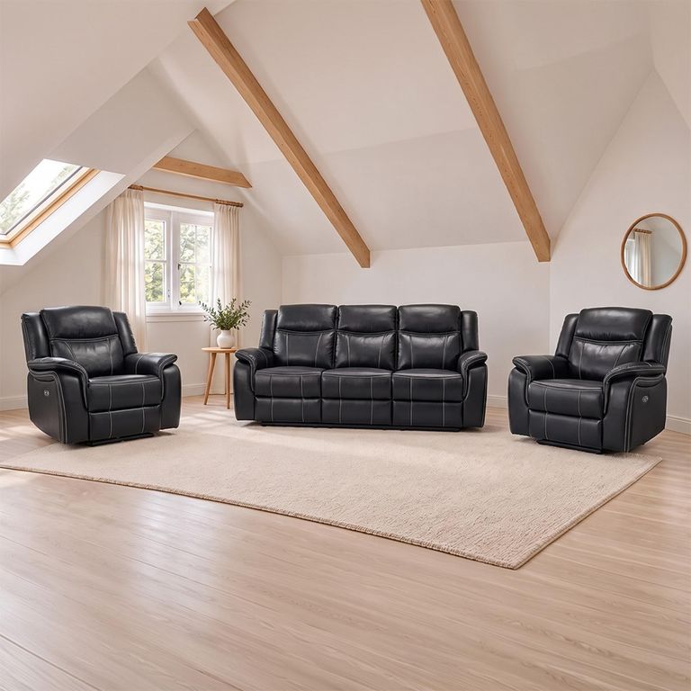 Galaxy Black Faux Leather 3+1+1 Seater Electric Recliner Sofa Set
