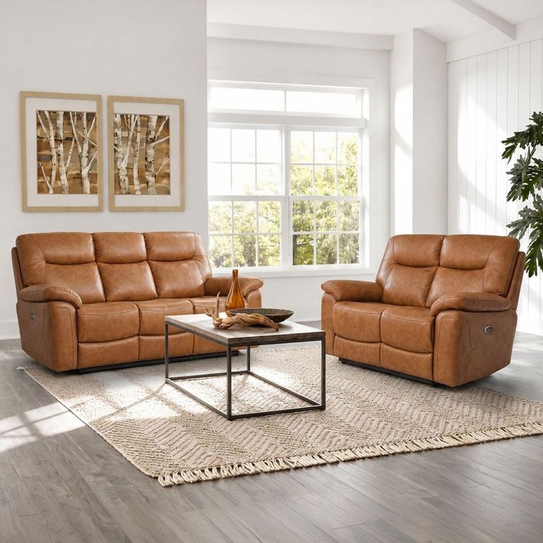 Lucia Power Tan Leather 3+2 Seater Suite Recliner Sofa