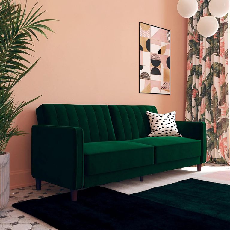Pin Tufted Futon Sofa Bed - 3 Seater - Green Velvet Fabric -  2164979UK
