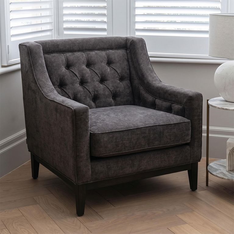 Theodore Armchair - Warm Grey Fabric - Buttoned