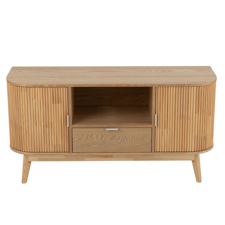 Curved Fluted TV Unit - 2 Door - 1 Drawer - 120cm - Medium - Natural Pine Wood