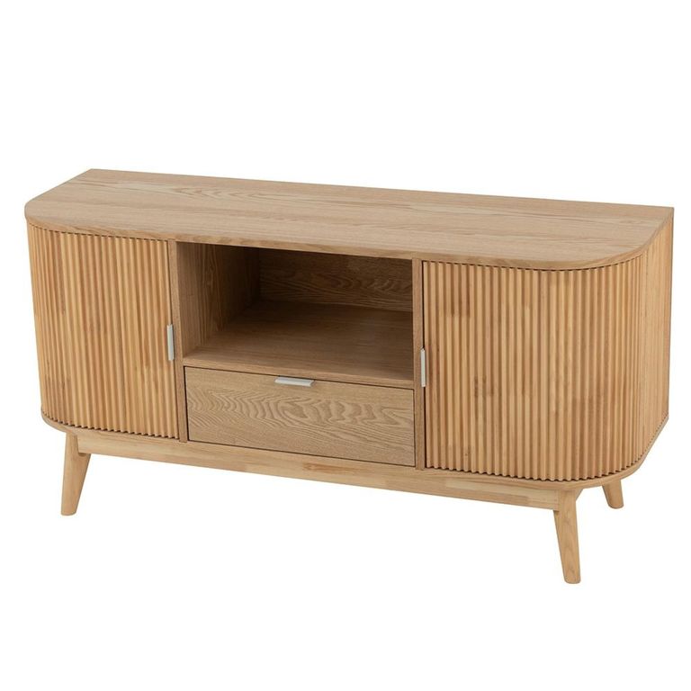 Curved Fluted TV Unit - 2 Door - 1 Drawer - 120cm - Medium - Natural Pine Wood