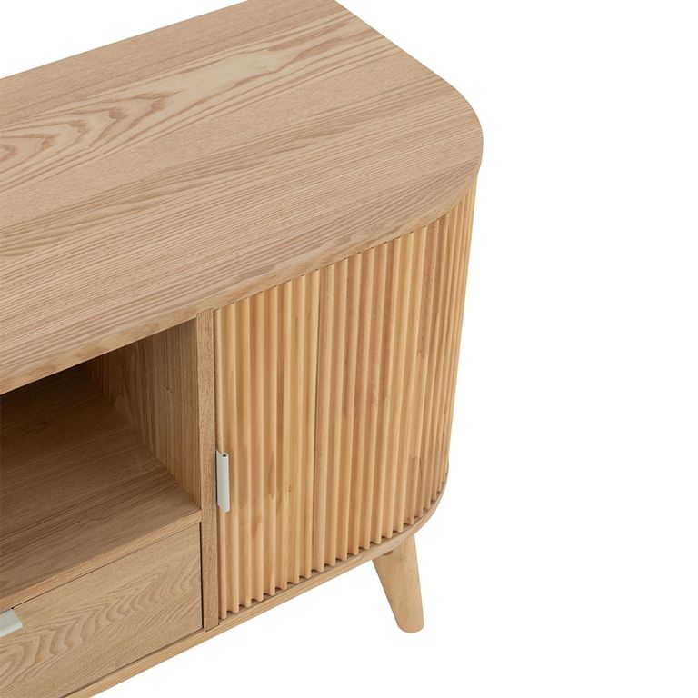 Curved Fluted TV Unit - 2 Door - 1 Drawer - 120cm - Medium - Natural Pine Wood