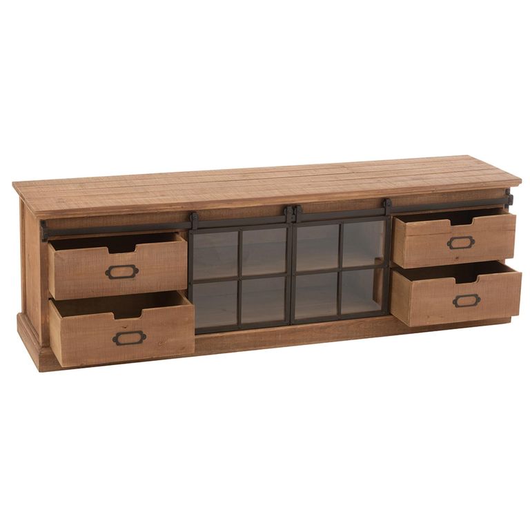 Mia TV Unit - 2 Sliding Door - 4 Drawer - 160cm - Medium - Natural Wood and Glass