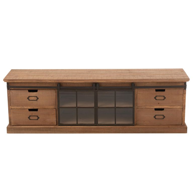 Mia TV Unit - 2 Sliding Door - 4 Drawer - 160cm - Medium - Natural Wood and Glass