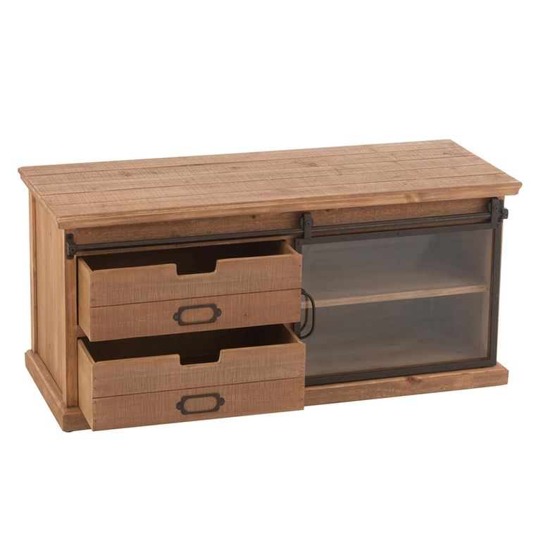 Sia TV Unit - 1 Sliding Door - 2 Drawer - 100cm - Compact - Natural Wood and Glass
