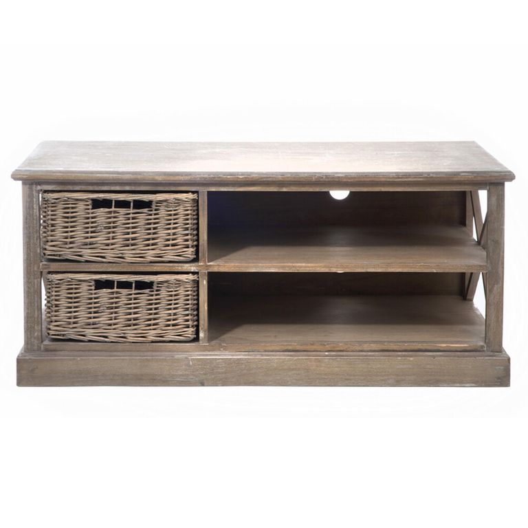 TV Unit - 120cm - Storage - Medium - 2 Rattan Basket - Grey Wood