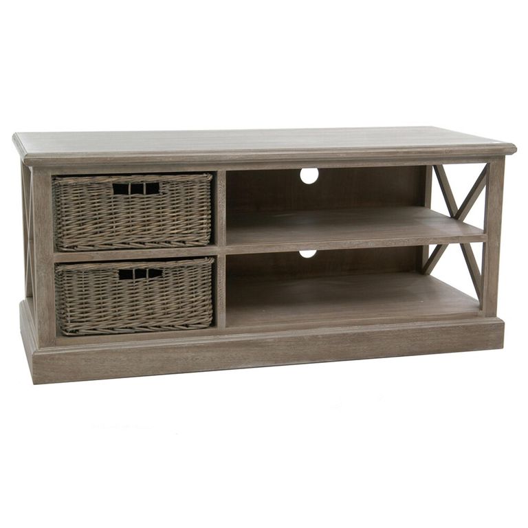 TV Unit - 120cm - Storage - Medium - 2 Rattan Basket - Grey Wood
