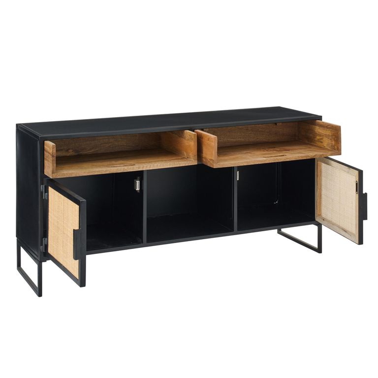 TV Unit - 2 Door - 122cm - Medium - Natural Rattan and Black Metal
