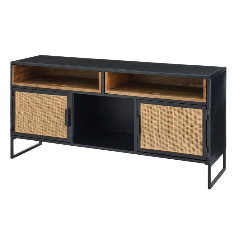 TV Unit - 2 Door - 122cm - Medium - Natural Rattan and Black Metal