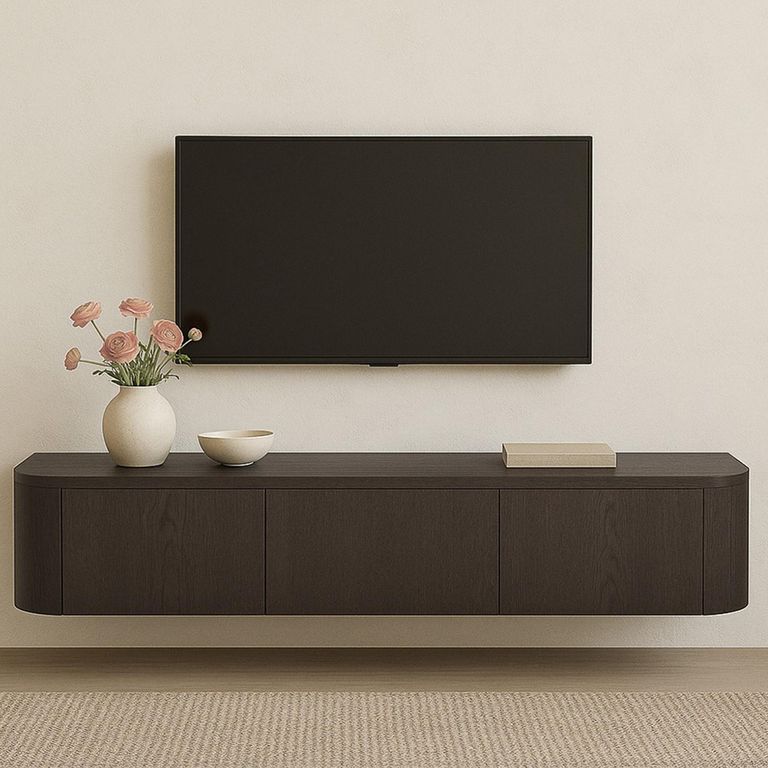 Novero Curved Floating TV Unit - 3 Door - 180cm - Medium - Wall Mounted - Espresso Oak