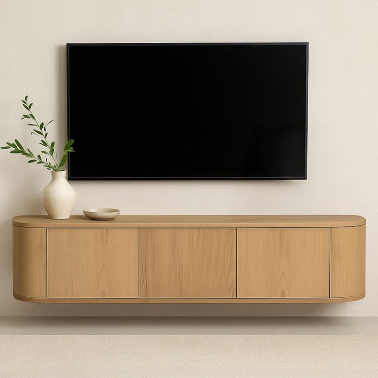 Novero Curved Floating TV Unit - 3 Door - 180cm - Medium - Wall Mounted - Natural Oak
