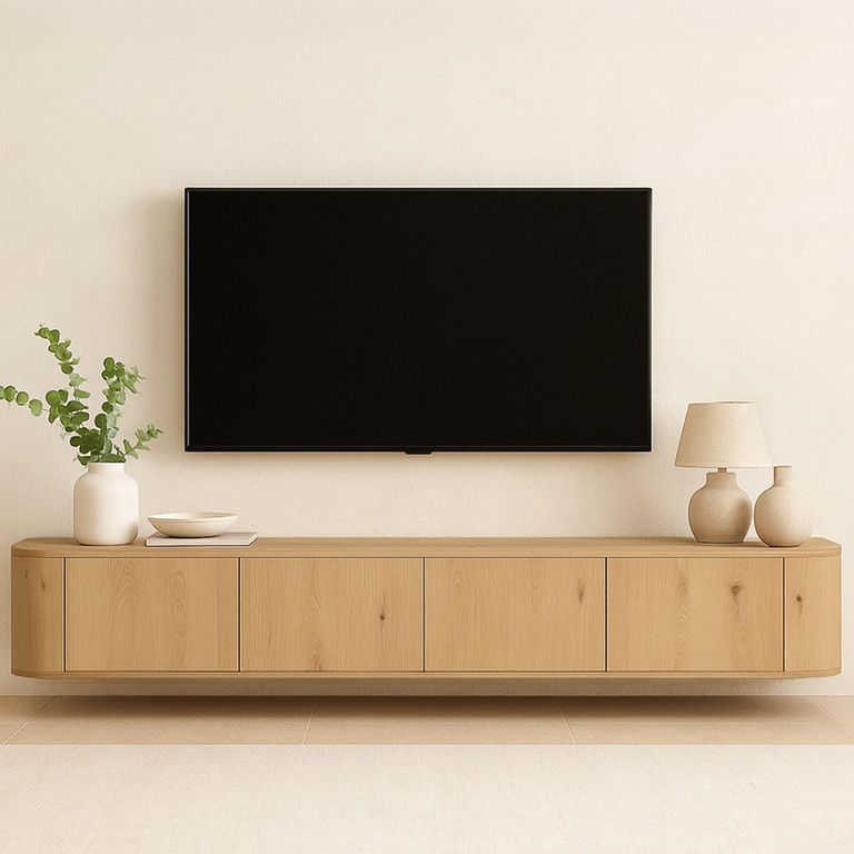 Novero Curved Floating TV Unit - 4 Door - 220cm - Large - Wall Mounted - Natural Oak