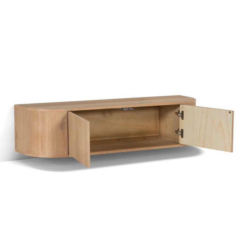Novero Curved Floating TV Unit - 2 Door - 140cm - Medium - Wall Mounted - Natural Oak