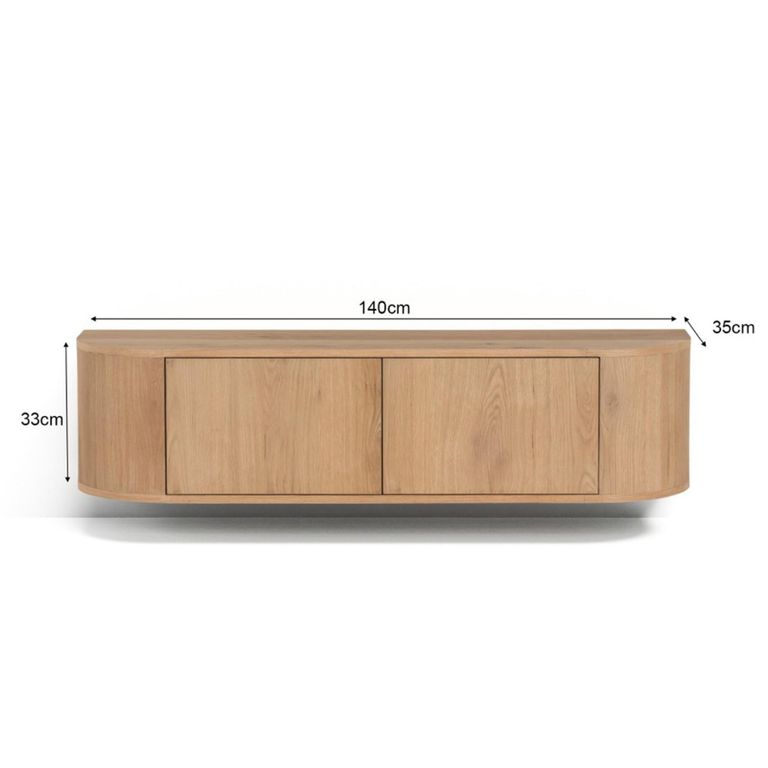 Novero Curved Floating TV Unit - 2 Door - 140cm - Medium - Wall Mounted - Natural Oak