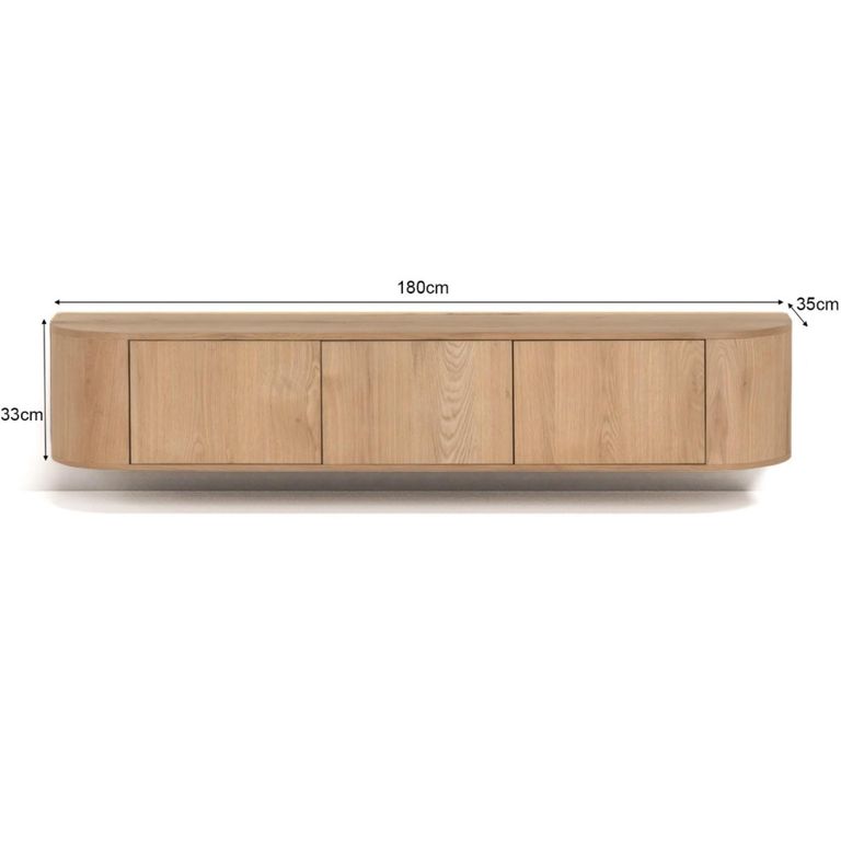 Novero Curved Floating TV Unit - 3 Door - 180cm - Medium - Wall Mounted - Natural Oak