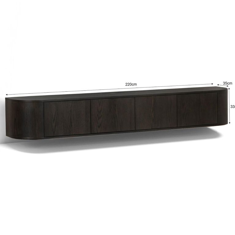 Novero Curved Floating TV Unit - 4 Door - 220cm - Large - Wall Mounted - Espresso Oak