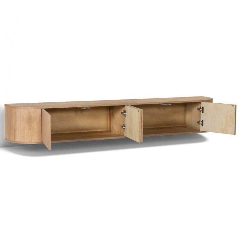 Novero Curved Floating TV Unit - 4 Door - 220cm - Large - Wall Mounted - Natural Oak