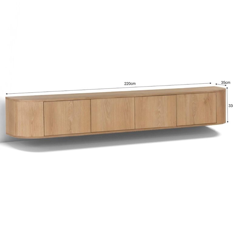 Novero Curved Floating TV Unit - 4 Door - 220cm - Large - Wall Mounted - Natural Oak