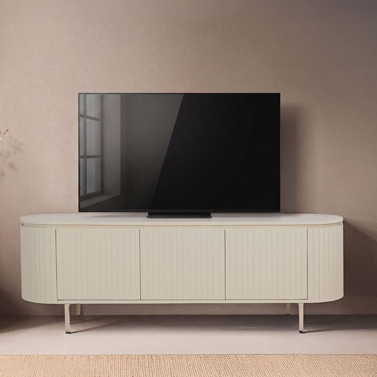 Patou Curved Fluted TV Unit - 3 Door - 170cm - Large - Off White - Mango Wood
