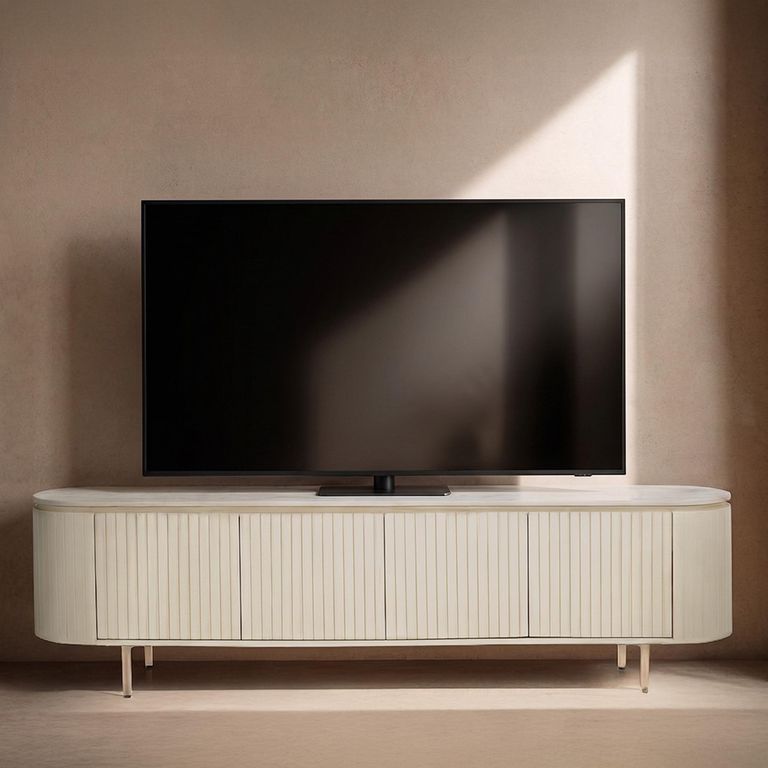 Patou Curved Fluted TV Unit - 4 Door - 210cm - Large - Off White - Mango Wood