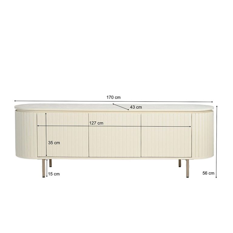 Patou Curved Fluted TV Unit - 3 Door - 170cm - Large - Off White - Mango Wood