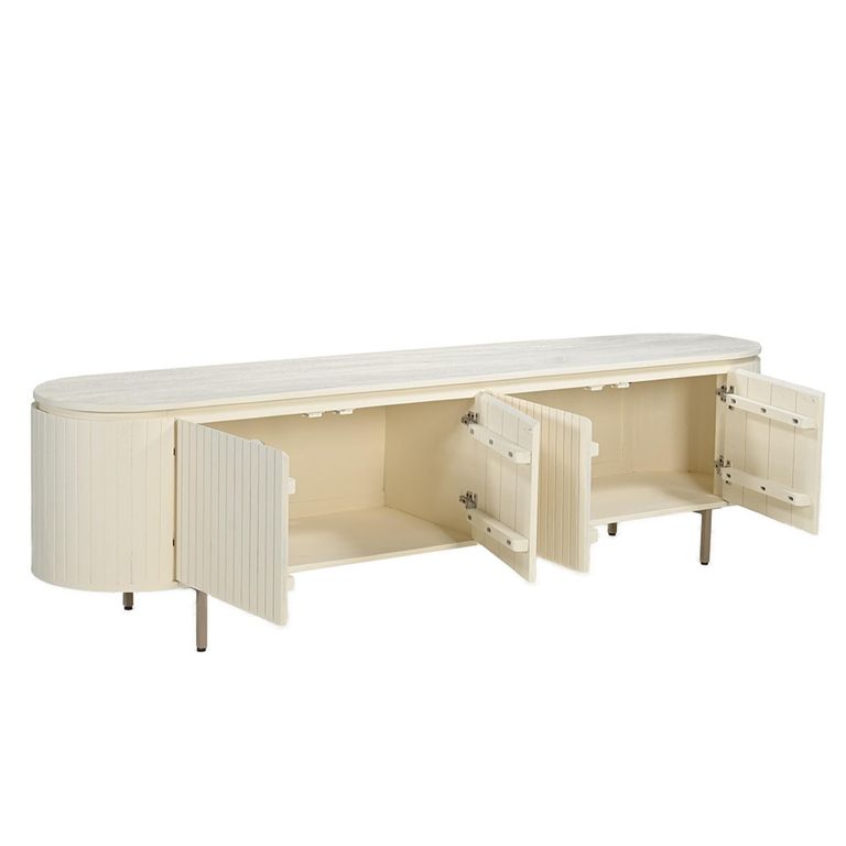 Patou Curved Fluted TV Unit - 4 Door - 210cm - Large - Off White - Mango Wood