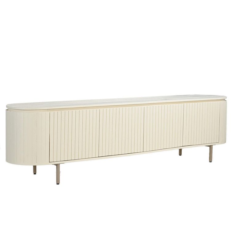 Patou Curved Fluted TV Unit - 4 Door - 210cm - Large - Off White - Mango Wood