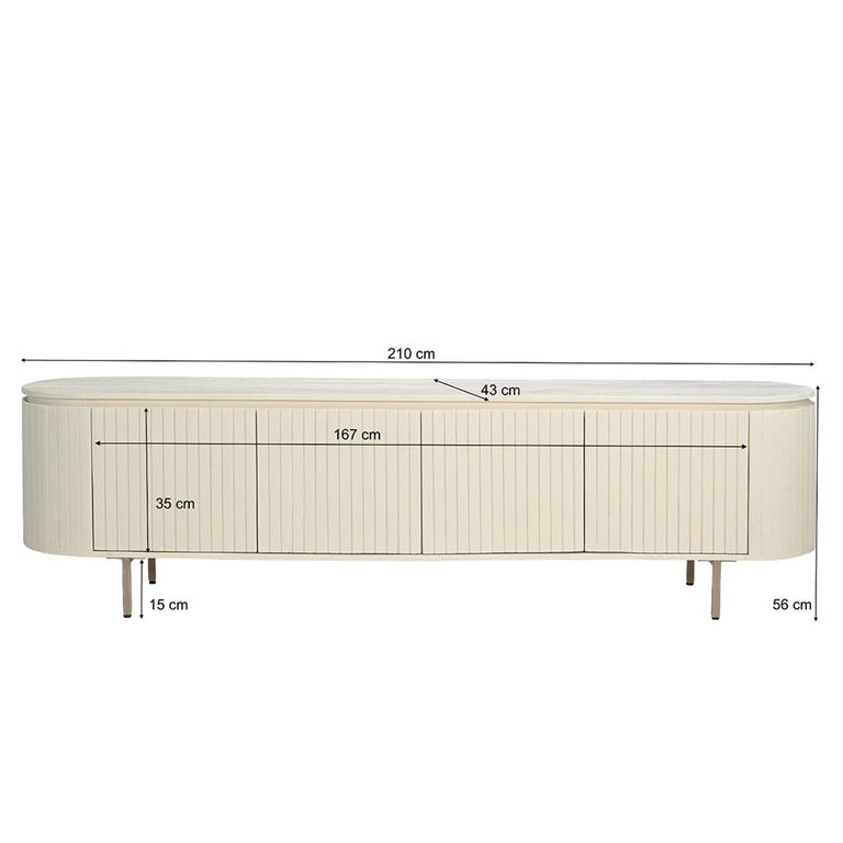Patou Curved Fluted TV Unit - 4 Door - 210cm - Large - Off White - Mango Wood