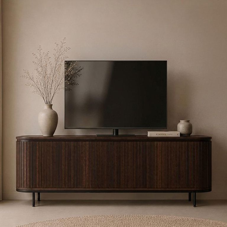 Noor Curved Fluted TV Unit - 3 Door - 170cm - Medium - Walnut - Mango Wood