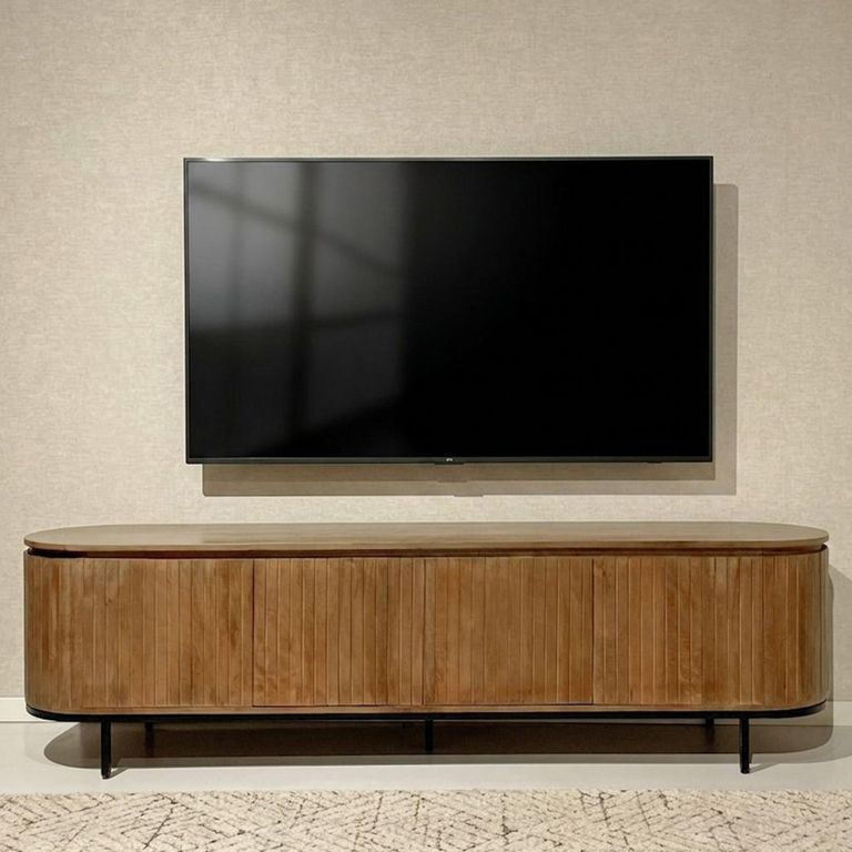 Noor Curved Fluted TV Unit - 4 Door - 210cm - Large - Brown - Mango Wood